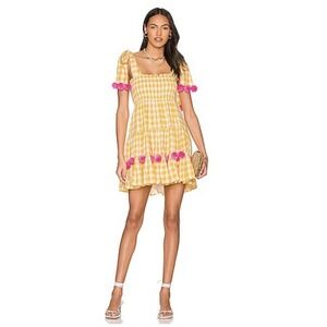 Sundress Pippa Dress Women's M/Large Yellow Gingham Check Pom Pom Boho Revolve